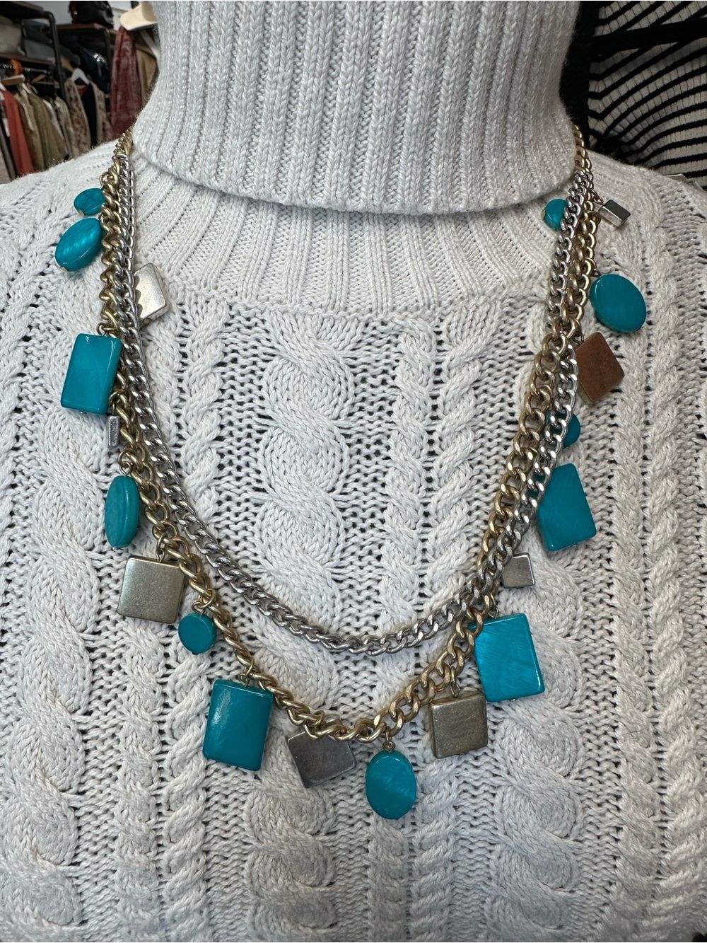 Kenneth Cole Silver & Gold Layered Necklace with Turquoise Accents